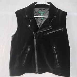 Lauren Ralph Lauren Black Velvet Asymmetrical Full Zip Moto Vest Womens Large K